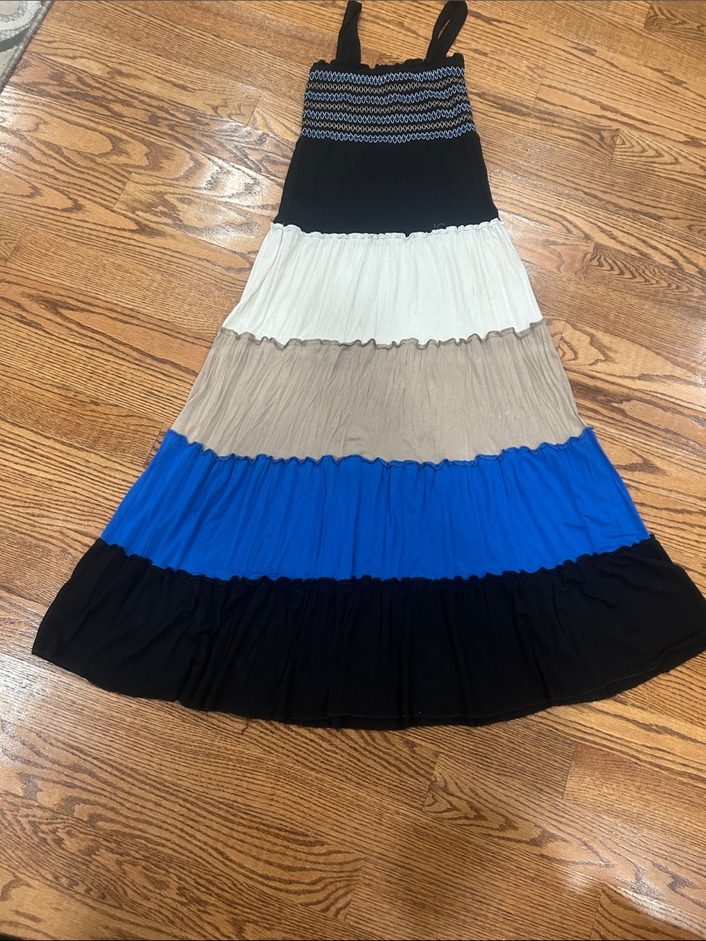 Smocked Tiered Maxi Skirt in Blue, Black, Cream, and Tan